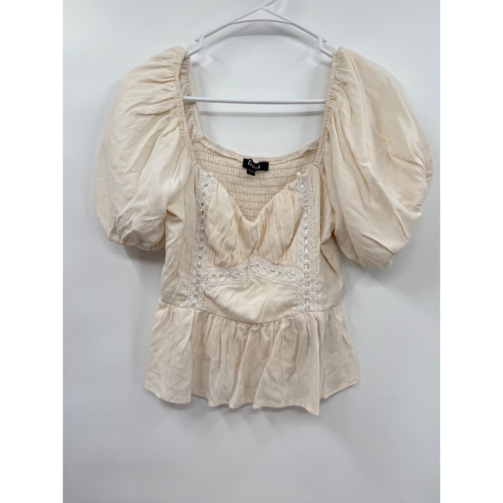 Trixxi Large Peasant Blouse Womens Cream Puff Sleeve Crochet Lace Smocked Peplum